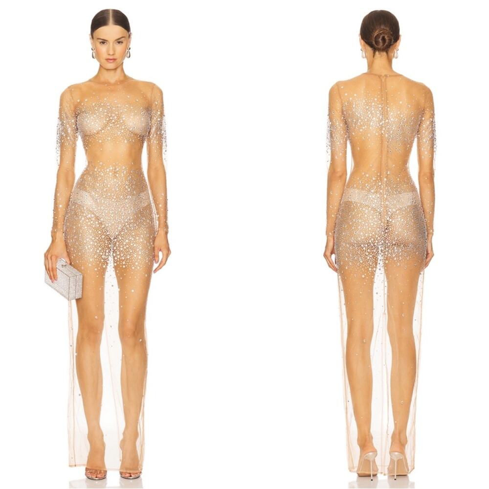 RETROFETE Miranda Crystal Embellished Long Sleeve Sheer Maxi Dress Size XS